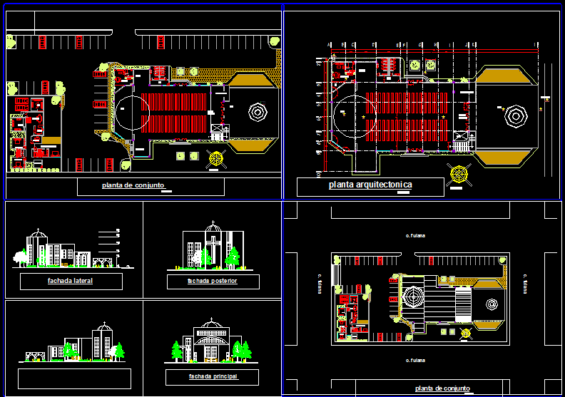 Church Building AutoCAD Drawing with Floor Plan and Elevations