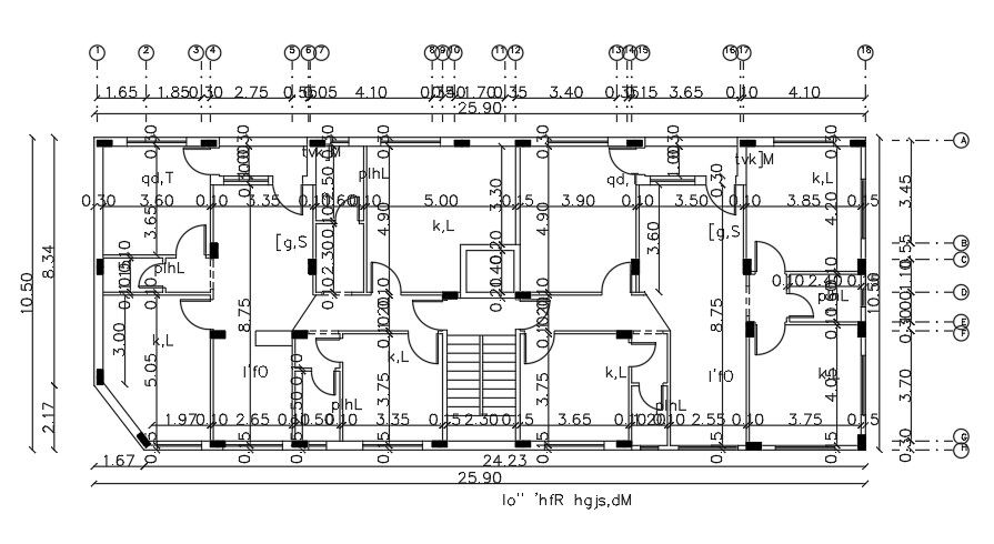 26x11 Meter 4 BHK House Centerline Plan AutoCAD File