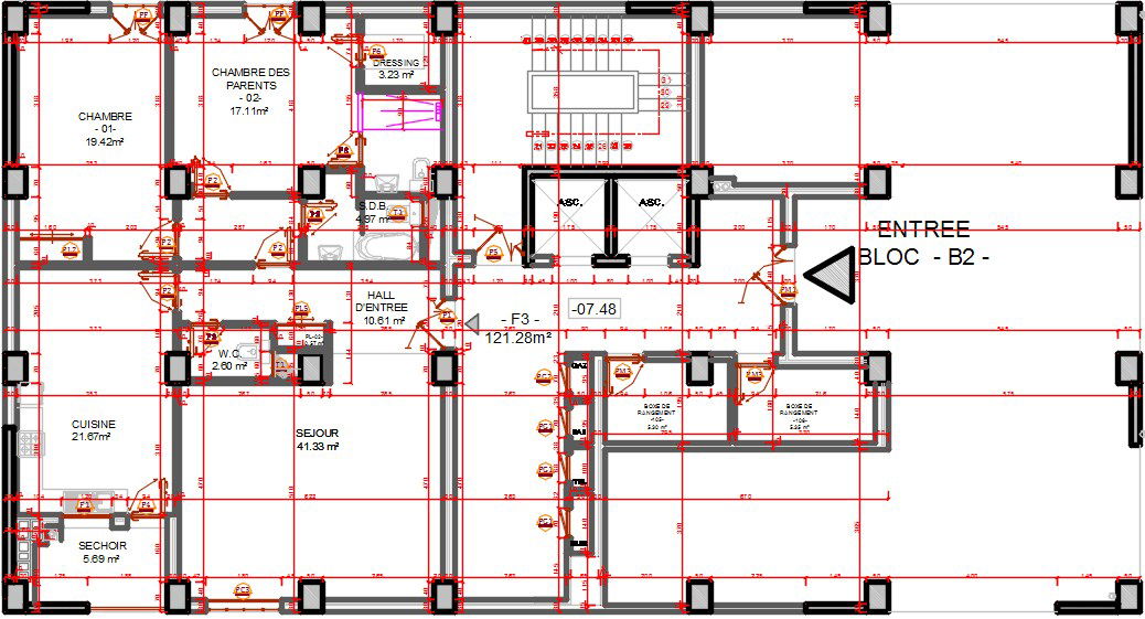 26x14m B block apartment floor plan view is given in this CAD model