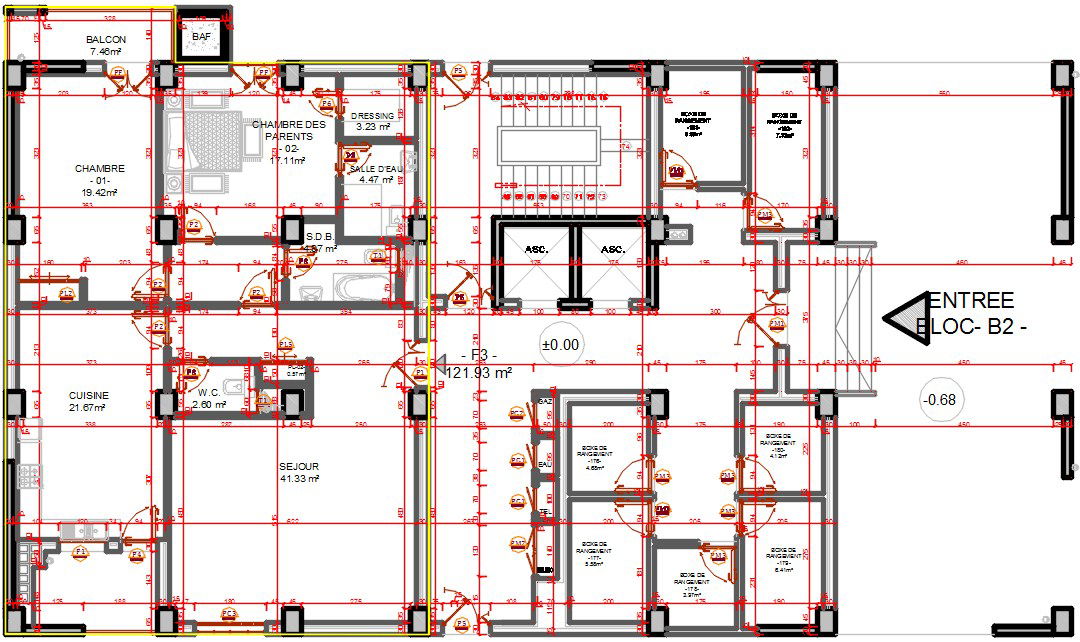 26x14m apartment first floor plan DWG drawing is given in this file