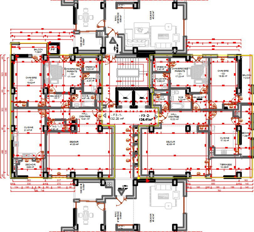 26x14m apartment second floor plan DWG drawing is given in this file