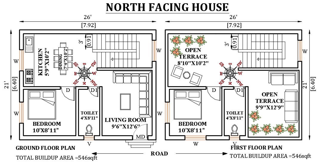 26’x21’ north facing house plan is given in this Autocad drawing file. Download the Autocad file.