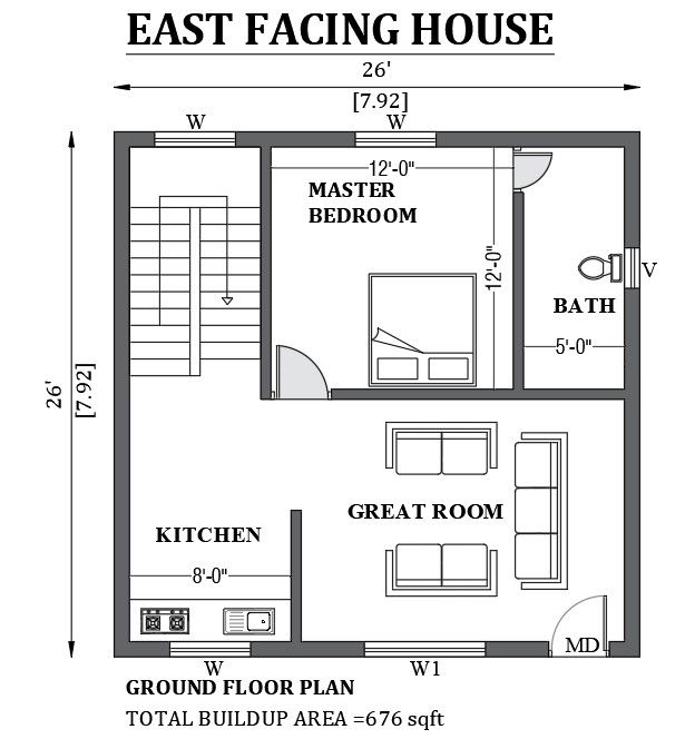 26'x26' East facing house design as per vastu shastra is given in this FREE 2D Auto cad drawing file. Download now.