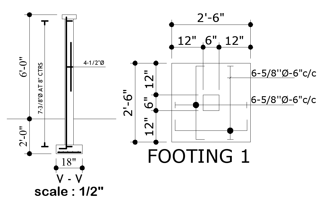 2’6”x2’6” footing plan is given in this Autocad drawing file.Download now.