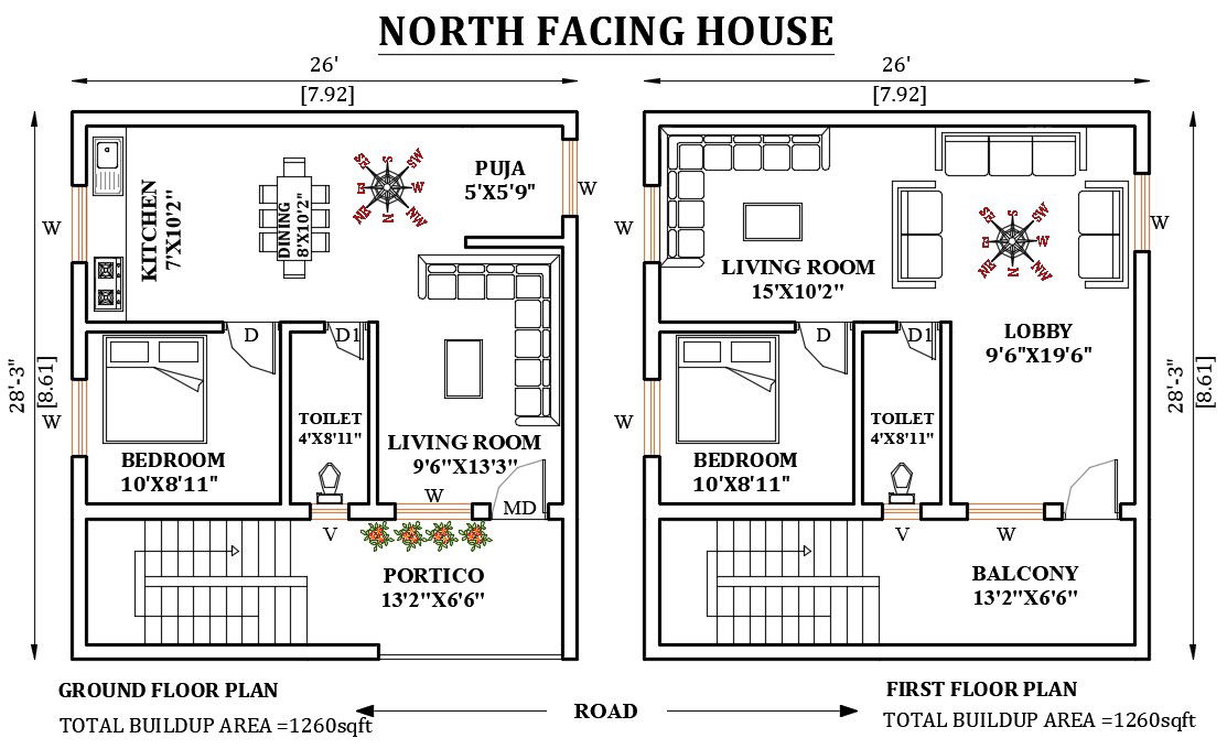 26’x28’ north facing house plan is given as per vastu shastra in this Autocad drawing file. Download the 2D Autocad file.