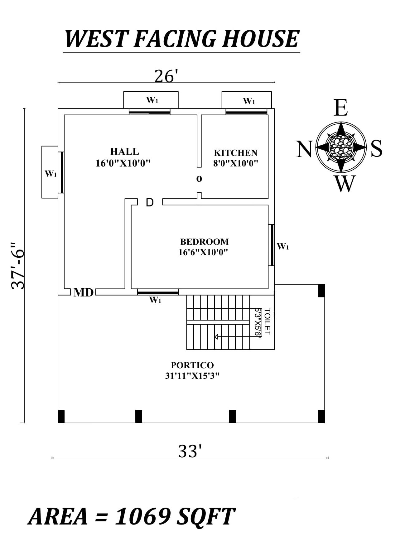  26'x37'6" Single bhk West facing House Plan As Per Vastu Shastra,Autocad DWG and Pdf file details.
