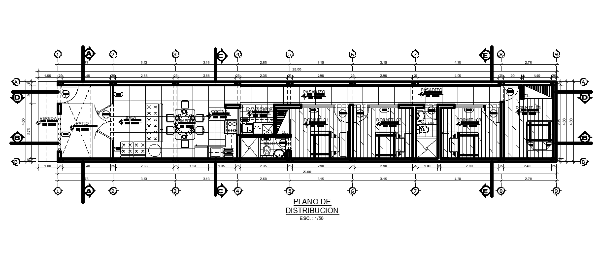 26x4m house plan is given in this AutoCAD drawing file.Download now.