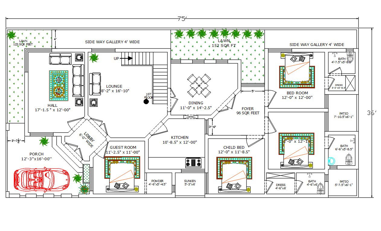 2700 Square Feet House Ground Floor Plan With Furniture Drawing DWG File