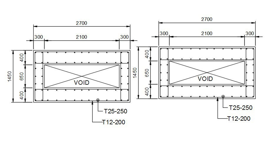 2700mm X1450mm rectangular Steel Bar Reinforcement details are given in this AutoCAD 2D Drawing file. Download the free AutoCAD DWG file.