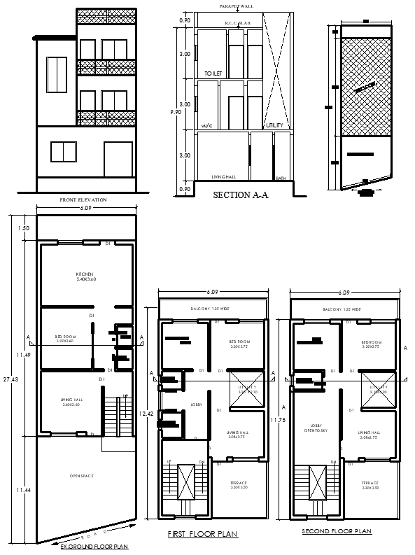 27.43m x 6.09m Multi-Storey House Plan in DWG CAD File
