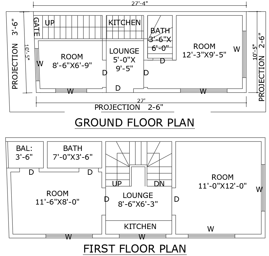 27.4ft×10.5ft Two Floor House Plan in AutoCAD DWG File