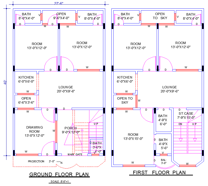 27'6"x40' House Plan DWG Design with 4 Bedrooms & 7 Baths