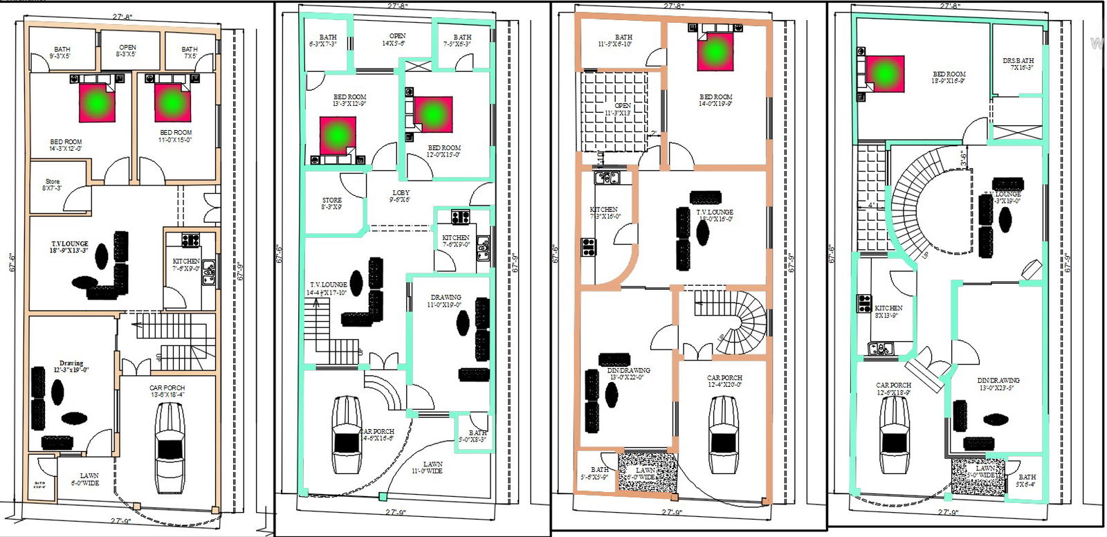 27,9x67,9 house floor plan in AutoCAD 2D with dimension