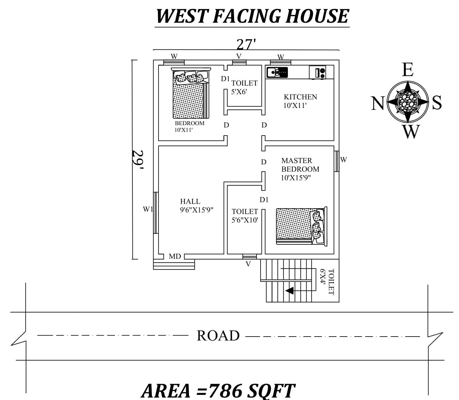 27'X29' Marvelous 2bhk West facing House Plan As Per Vastu Shastra. Autocad DWG and Pdf file details.