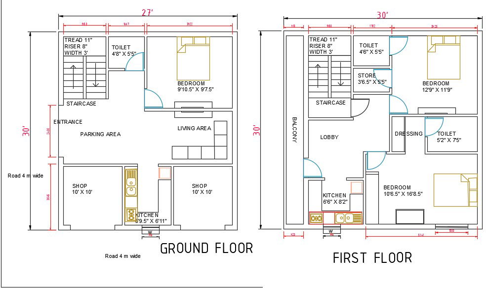 27'X30' House Ground Floor And First Floor Plan Drawing DWG File