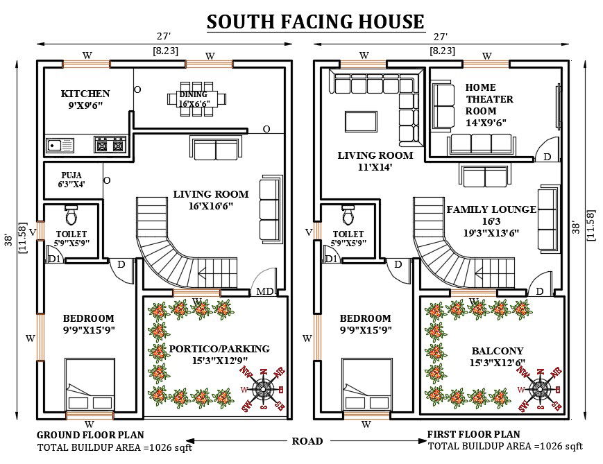 27'X38' South Facing home plan as per vastu shastra are available in this Autocad drawing. Download Now.