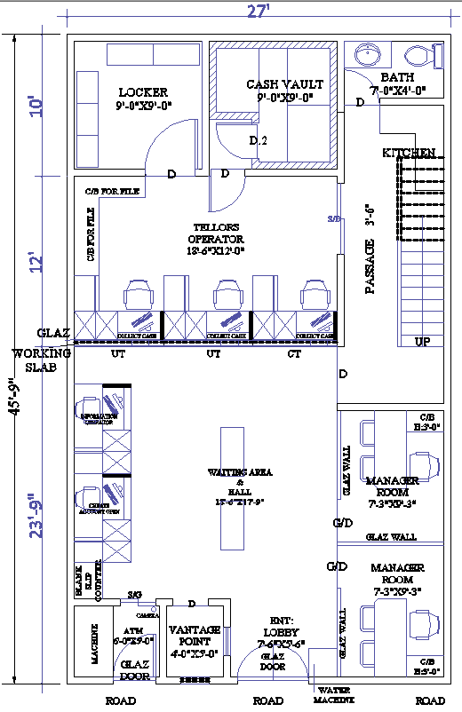 27x45 Bank Floor Plan DWG with Locker and Vault Layout