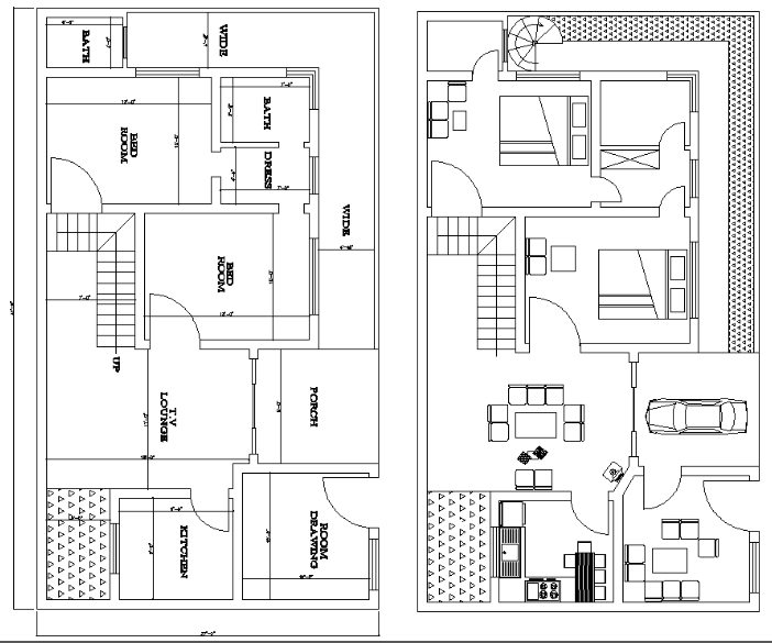 27'X47'6" Floor and Furniture plan of Single story 2bhk house,Download Autocad DWG file.