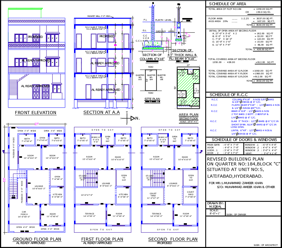 Architectural G plus two house plan for 27x50 feet plot