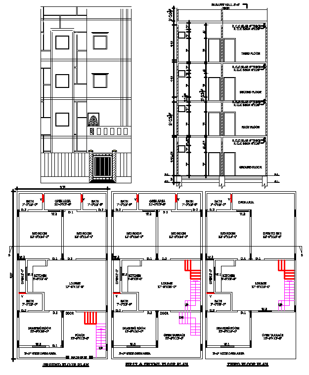 27x50 Residential Building DWG Layout with Open Terrace