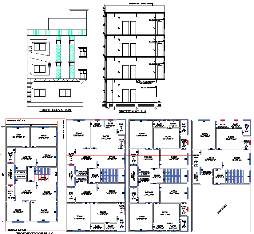 27x50 Multi-Storey Residential DWG Plan with Sections