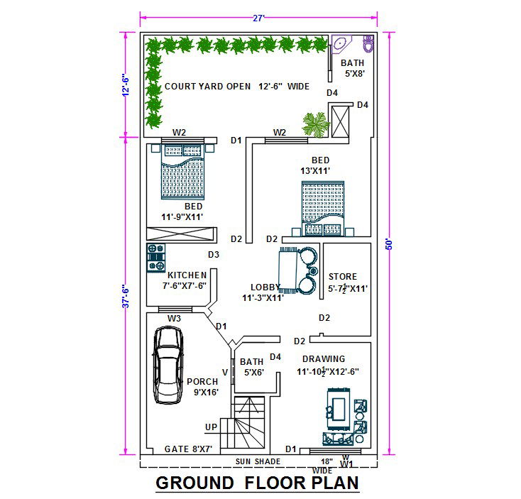 27' X 50' Plot Size 2 BHK House Ground Floor Plan DWG File
