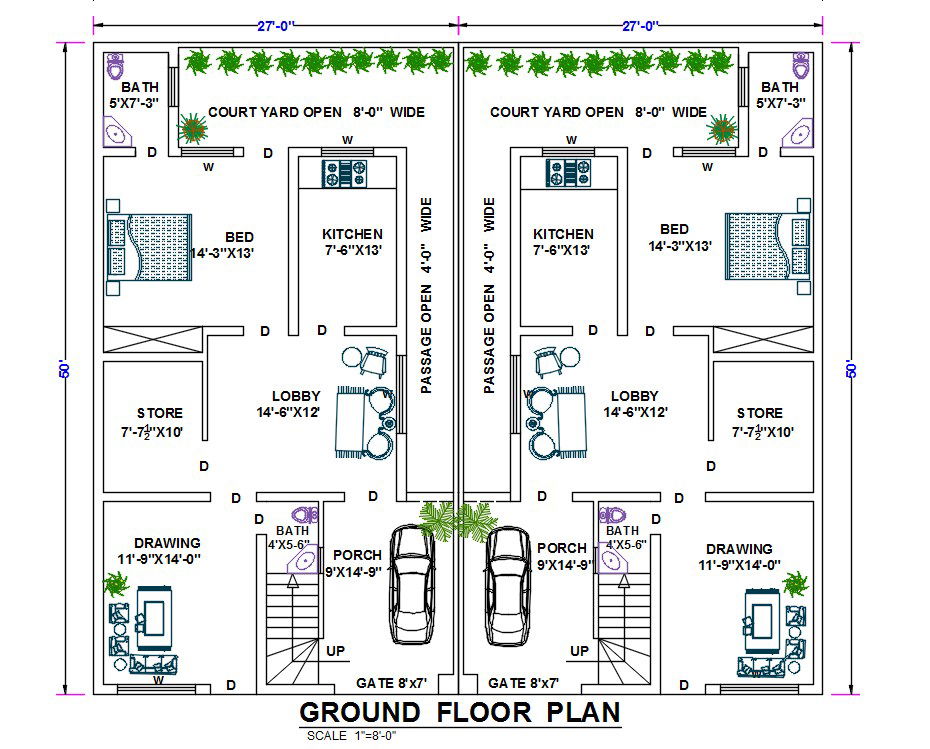 27×50?ft Twin House Ground Floor Furniture Plan DWG File