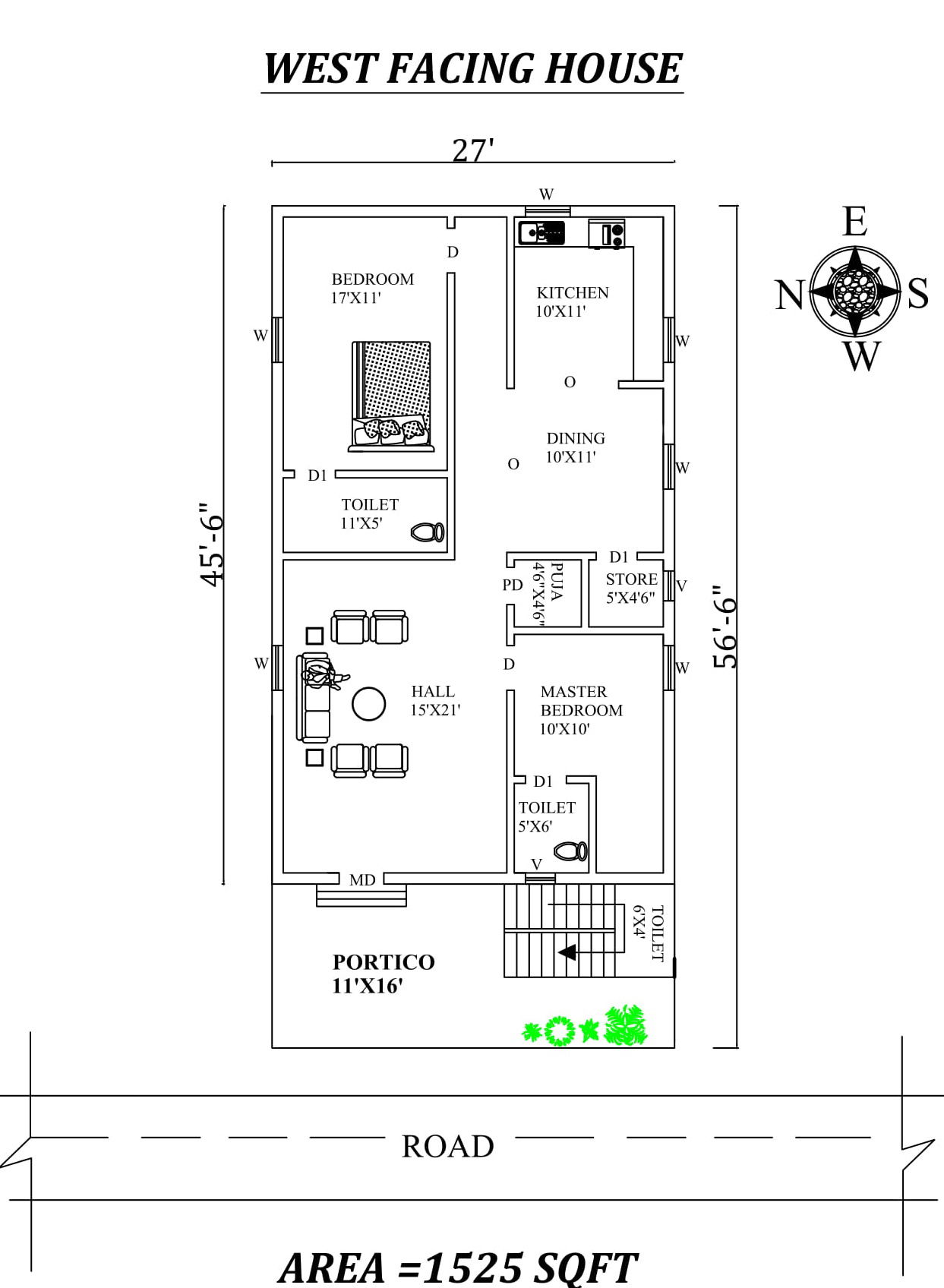 27'X56'6" Marvelous 2bhk West facing House Plan As Per Vastu Shastra.