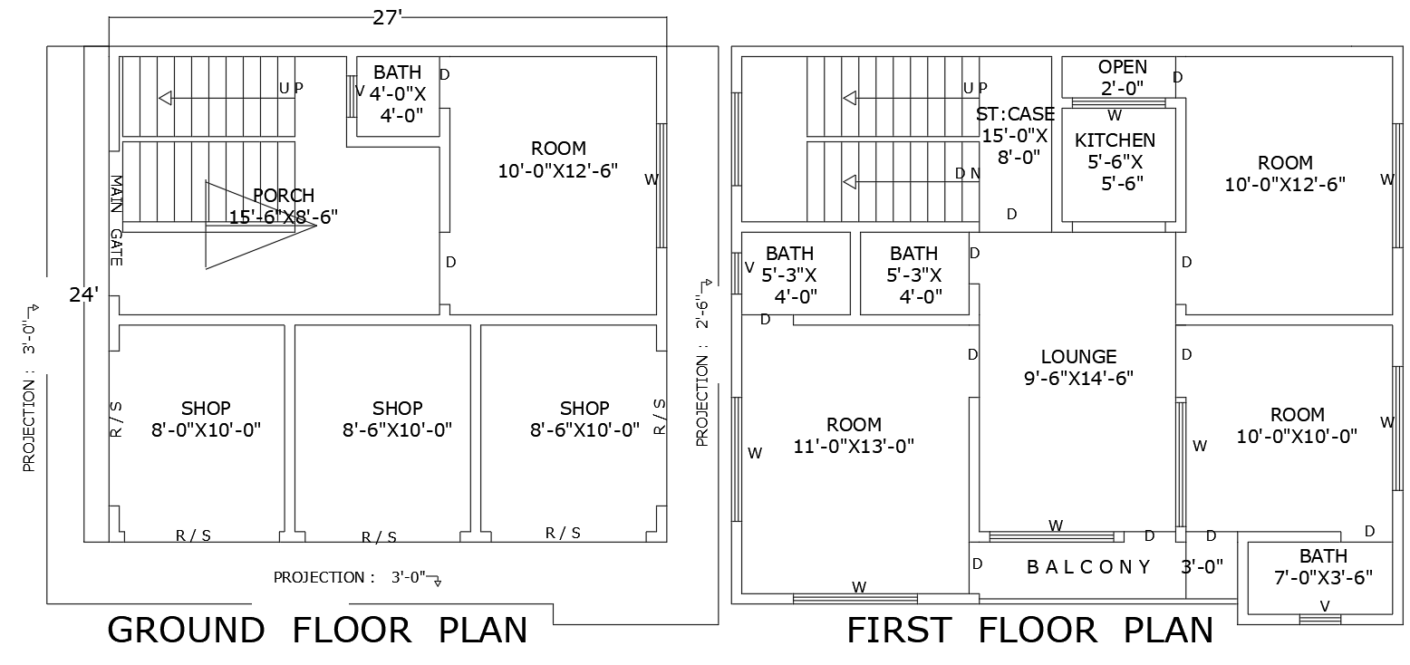27ftx24ft Ground Floor Shop with First Floor House Plan DWG CAD File