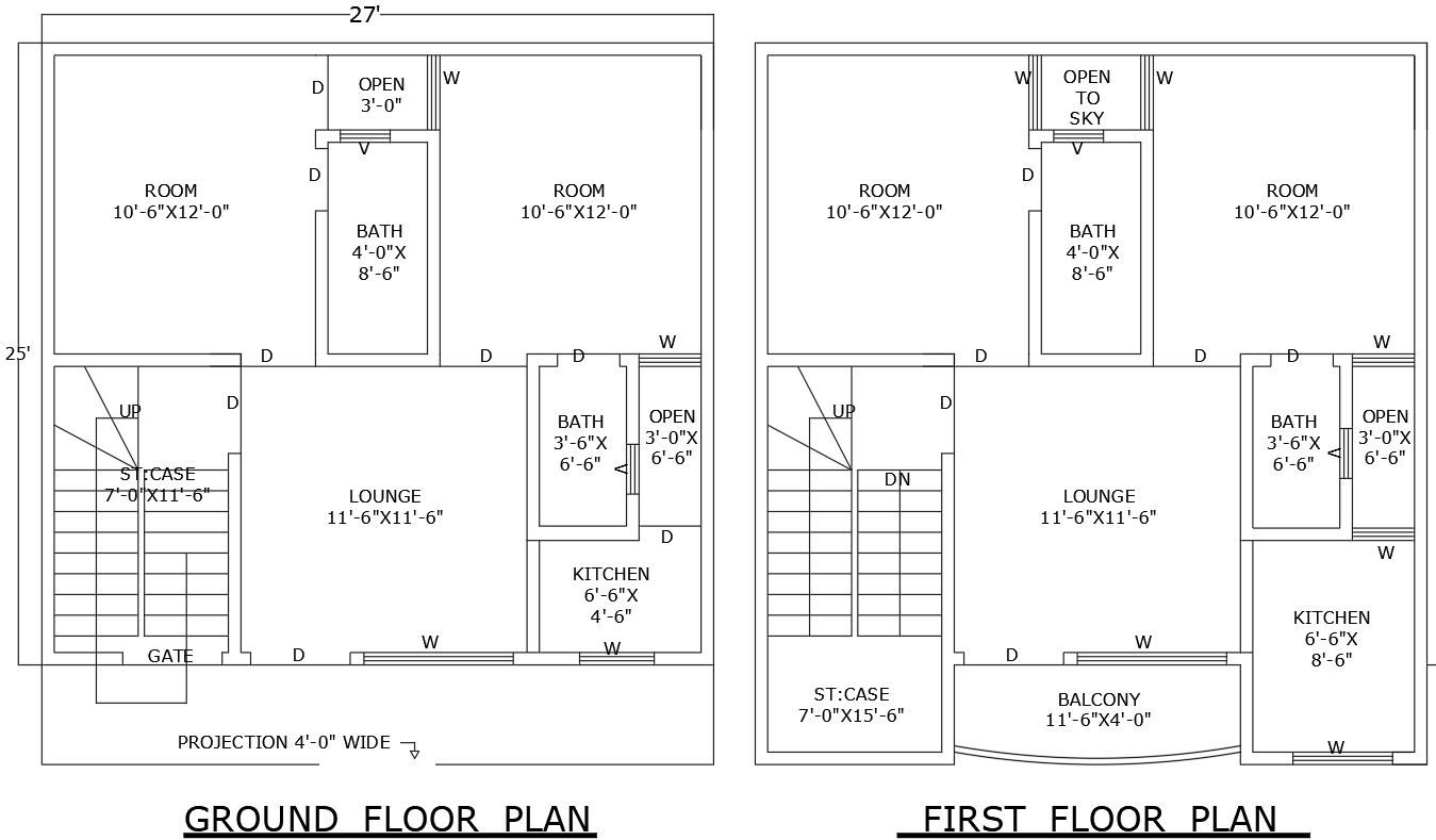27ft×25ft AutoCAD Floor Plan for 4BHK Residential Home