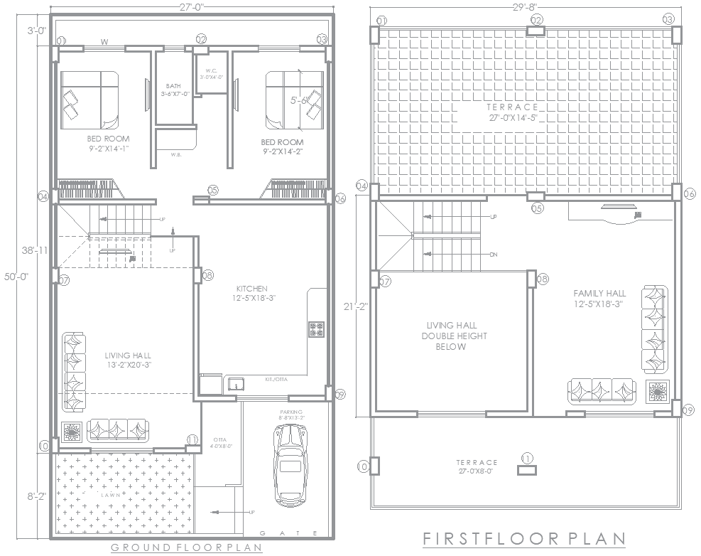 27ftx50ft 2BHK Ground and First Floor House Plan DWG File