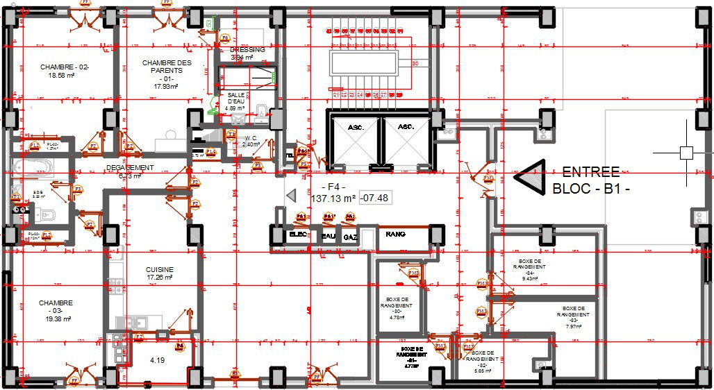 27x14m apartment first floor plan drawing is given in this model