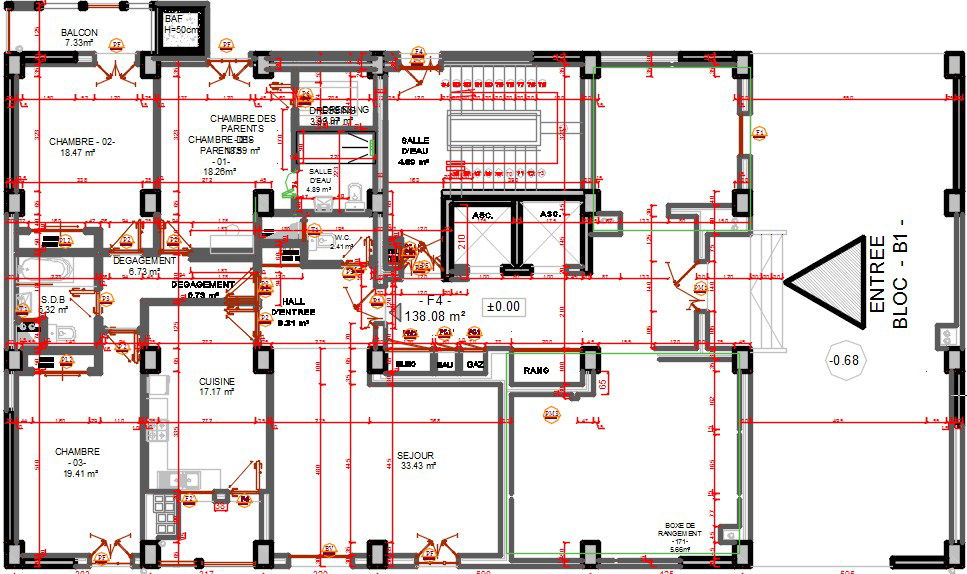 27x14m apartment second floor plan drawing is given in this model
