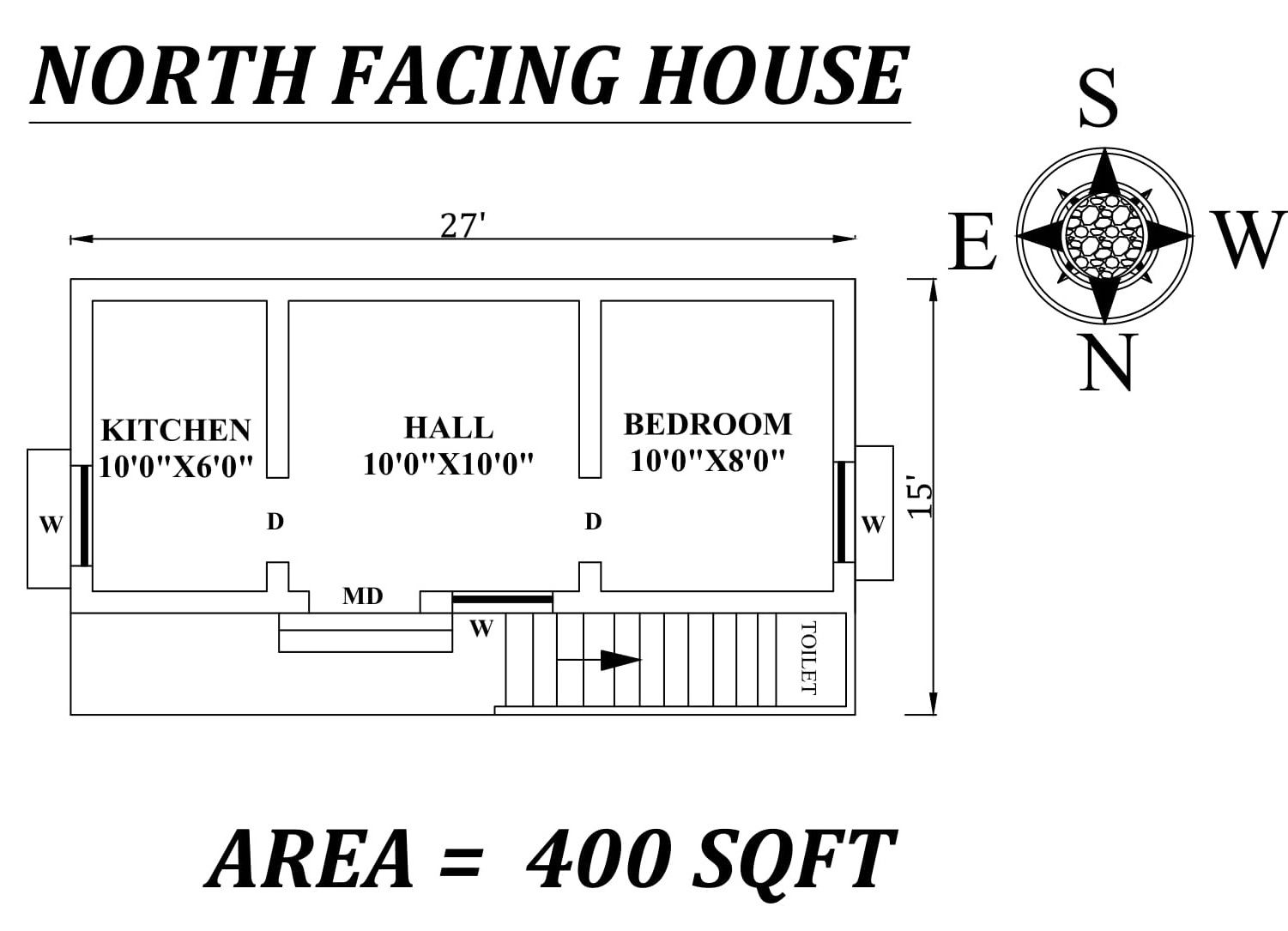 27' X 15' Single bhk North facing House Plan As Per Vastu Shastra,Autocad DWG and PDF File Details