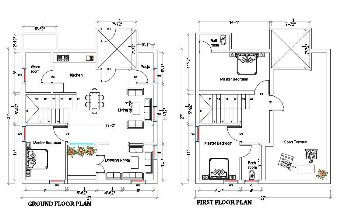 27'x27' Architecture House Layout Plan Drawing DWG File