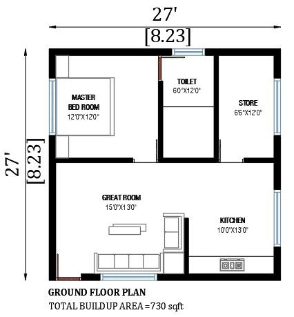 27’x27’ house plan has been given in this AutoCAD 2D drawing model. Download the Autocad model.