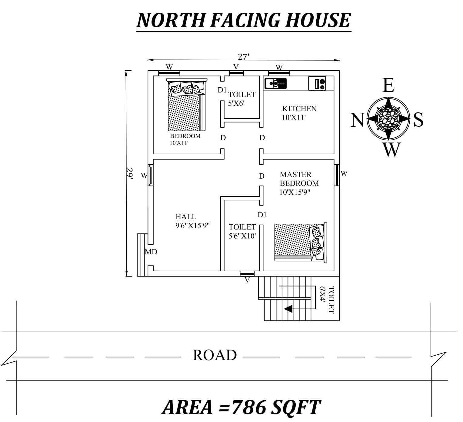 27'x29' Small budget 2BHK North Facing House plan As per Vastu Shatra, Autocad Drawing file details