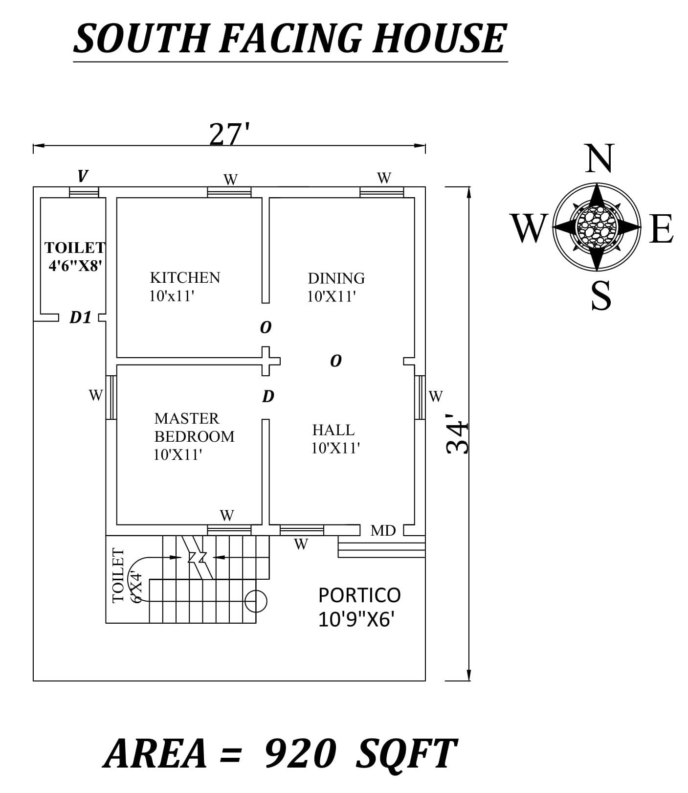 27'x34' Single bhk south-facing House Plan As Per Vastu Shastra Autocad DWG File Details