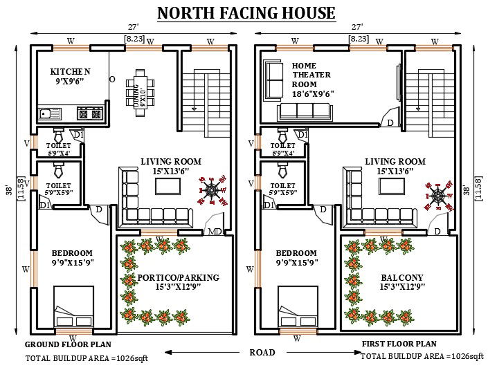 27’x38’ north facing house plan is available in this Autocad drawing file. Download now.