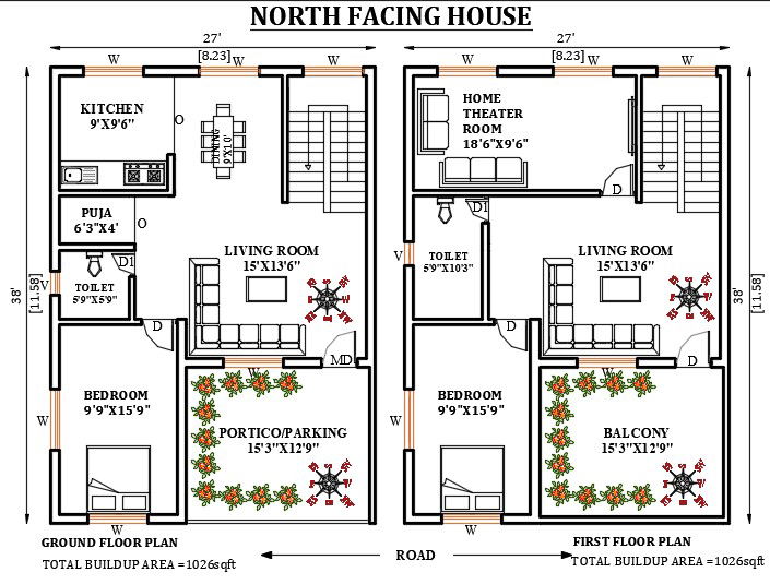 27’x38’ north facing house plan is given in this 2D Autocad drawing file. Download now.