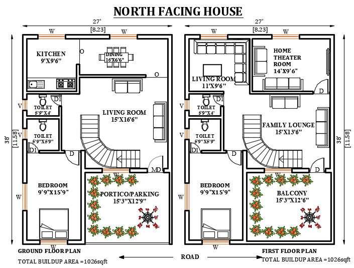 27’x38’ north facing house plan is given in this Autocad drawing file. Download now.