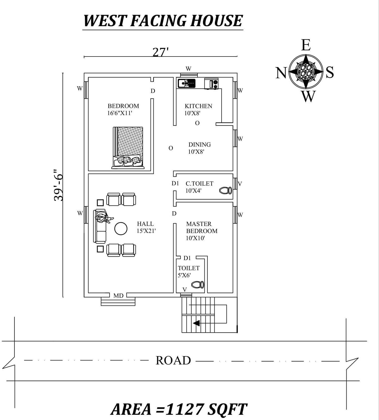 27'x39'6" The best west facing 2BHK House plan as per vasthu shastra, CAD Drawing file details.