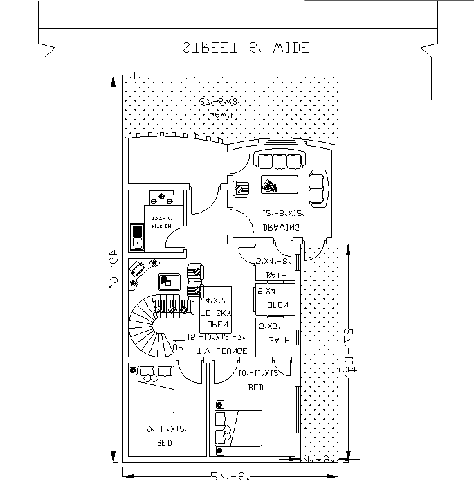 27’x49’ circular shape staircase house plan AutoCAD drawing