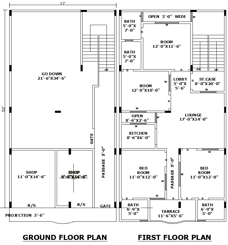 27x50 Combined Commercial Residential House Layout Plan in DWG File