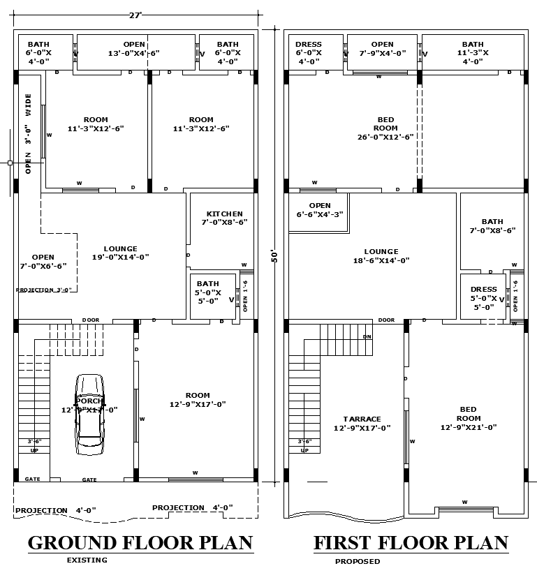 27x50 House Layout Plan in AutoCAD DWG File for Residential Design