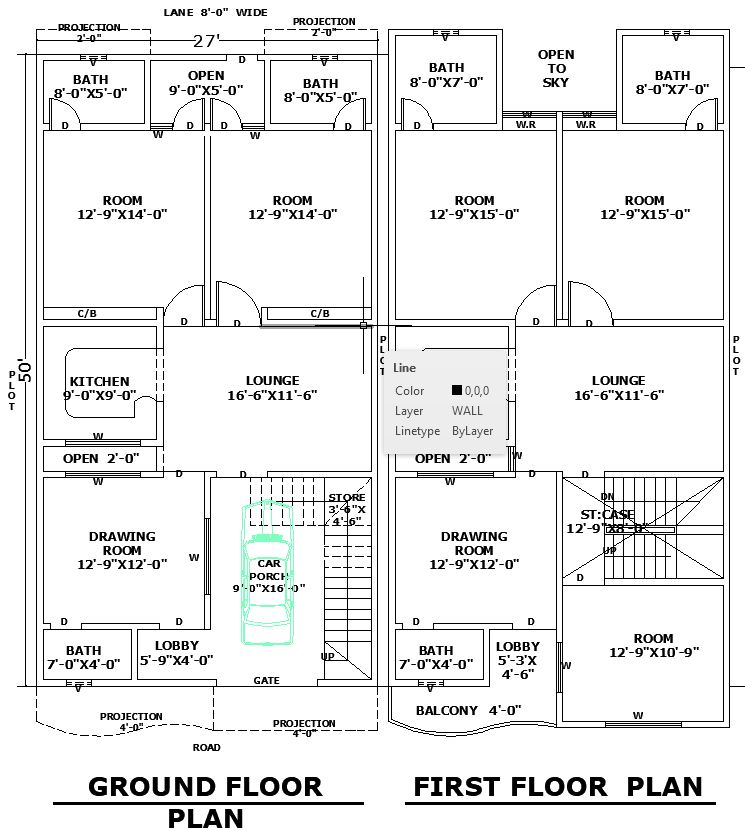 27x50 Single-Floor Home Architectural Plan in AutoCAD DWG Format