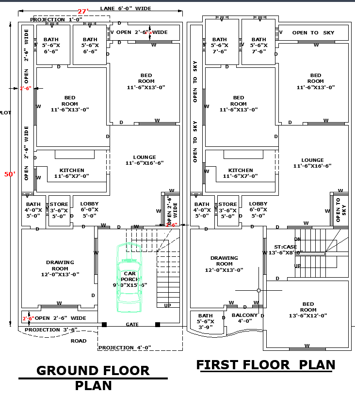 27x50 Single-Level Home Architectural Plan in AutoCAD DWG Format
