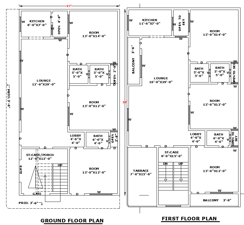 27x50 Residential Home DWG File with Single-Storey Layout and Terrace