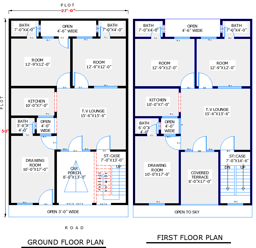 27x50 2-Story House Plan with Terrace and Porch in DWG File
