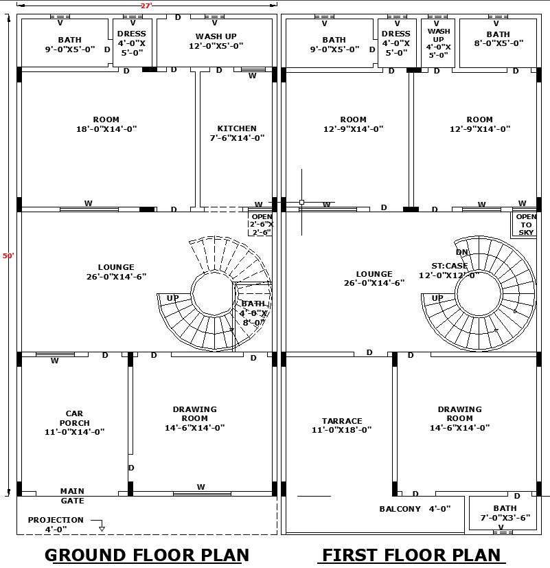 27x50 House plan with complete Residential DWG Layout design